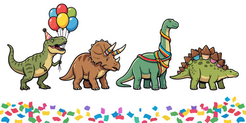 Cute birthday dinosaur vector set, cartoon prehistoric animals with party hats and balloons, festive dino celebration clipart for kids © Jefri