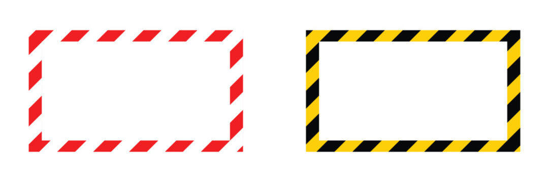 Industrial safety warning stripe border frame set with red white and black yellow diagonal hazard stripes isolated on transparent background vector illustration