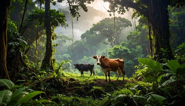 Two Grazing Cows Standing in Lush Tropical Rainforest Clearing