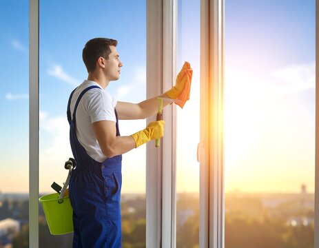 Young Male Cleaner Wiping Large Window in Bright Modern Apartment