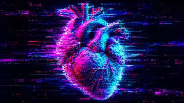 Futuristic anatomical heart glowing in cyan and magenta neon lights with glitch effects on a dark cyberpunk digital background.