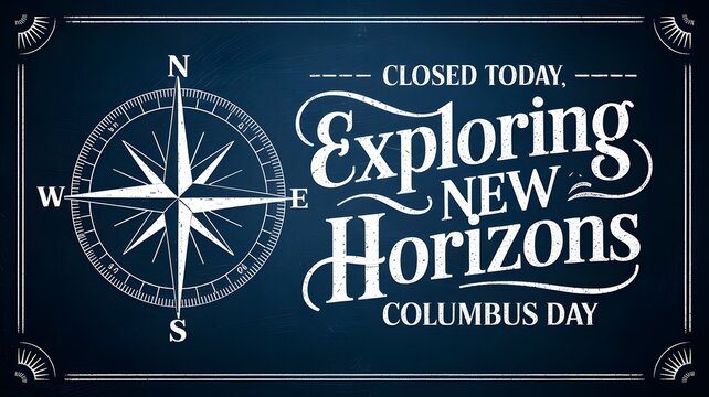 Columbus day sign with compass rose, vintage chalkboard style typography, closed today concept, exploring new horizons, nautical theme, holiday closure announcement, vector illustration