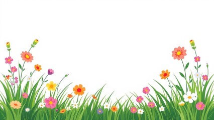 Fototapeta premium Cute cartoon meadow border with colorful flowers and green grass on a white background, perfect for playful spring and children’s designs.