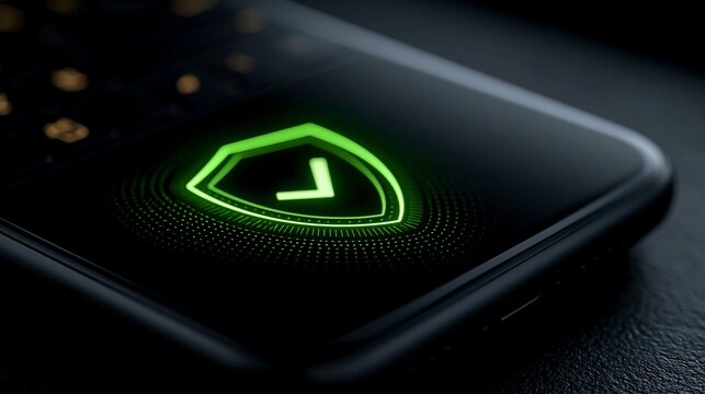 Bright green glowing shield icon displayed on a dark smartphone screen for digital security protection