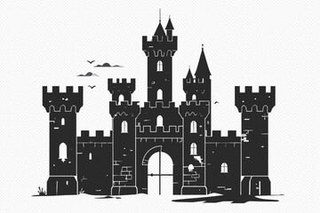 Detailed castle silhouette with towers and arched gateway on transparent background © Anik