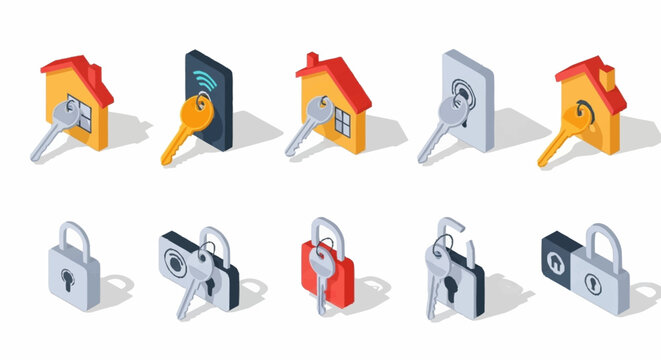Collection of isometric icons representing security, access, and smart home technology, including keys, locks, and houses.