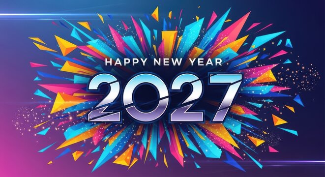 Happy New Year 2027 greeting card with colorful abstract explosion background