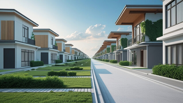 Affordable housing complex in Indonesia, small modern houses aligned neatly, clean environment, bright daylight, wide angle, subject on left side, large copy space on the right, realistic photography,