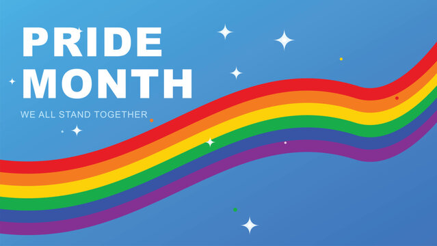 Colorful pride month banner design creative wavy rainbow ribbon background template dynamic typography concept we all stand together flag