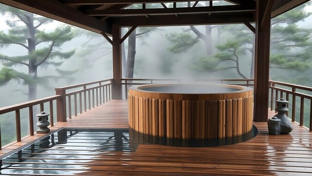 An outdoor cedar wood hot spring bath on a deck surrounded