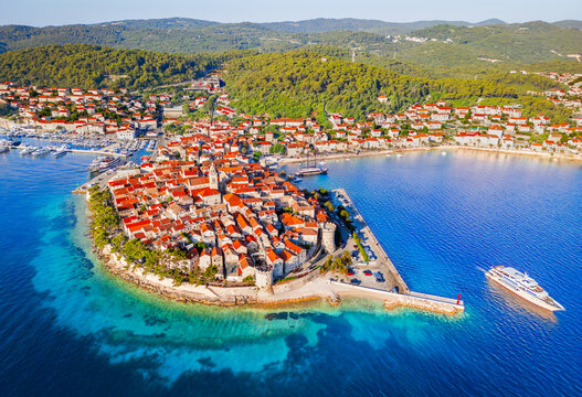 Aerial view of Korcula Island in summer, Adriatic Sea, Croatia