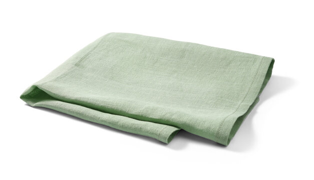 Soft, light green linen towel neatly folded against a white background. Kitchen napkin isolated.