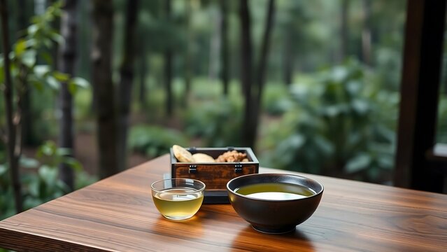 A beautifully arranged traditional Japanese bento box on a dark cedar wood