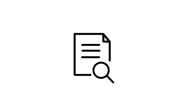 Searching document with a magnifying glass on a white background, in a flat style. Concept of searching for specialists. 4K.