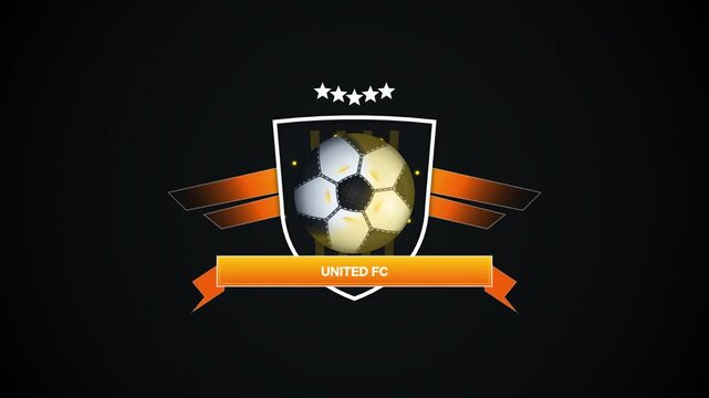 Premium flat design animated soccer club logo badge featuring a spinning gold football, elegant shield framework, stars, and United FC ribbon banner. Perfect for sports branding.