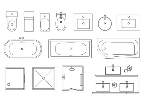 Bathroom Fixtures Top View Elements vector for Cad Drawing isolate white background