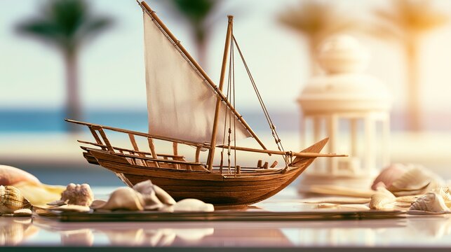 Wooden dhow model with seashells on polished table, soft coastal light, minimalist composition, maritime heritage visual