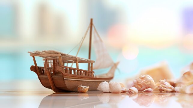 Wooden dhow model and seashells on polished wood, coastal morning light, nautical still life, generous copy space, commercial asset