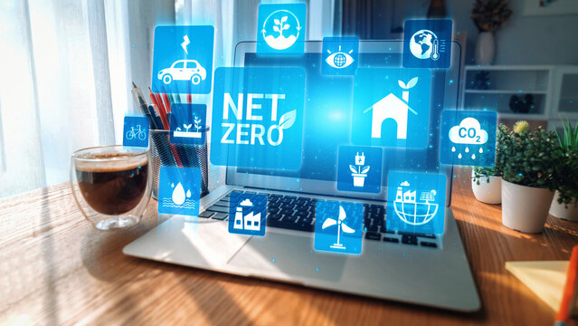 Net zero and sustainability concepts with environmental balance, digital sustainability icons, green energy goals, and eco-conscious digital business transformation for the future. Gist