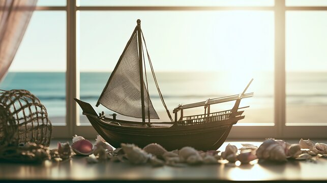 Wooden sailing dhow model with seashells on polished surface, coastal soft ambient light, maritime still life, clean layout with ample copy space