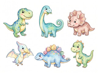 Naklejka premium Adorable watercolor baby dinosaurs collection for children's designs
