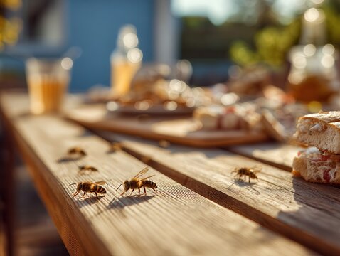 several wasps on a wooden table with food scraps