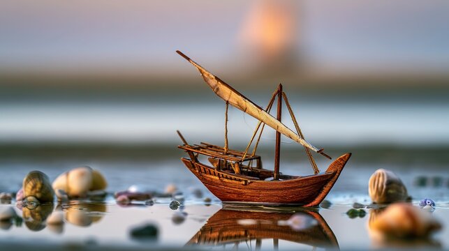 Wooden dhow model with seashells on polished table, soft coastal light, minimalist composition, maritime heritage visual
