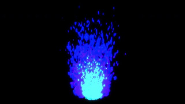 Blue animated 2D fire loop with glowing flames and particles on black background.