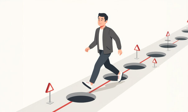 Businessman walking on a path with holes and warning signs, concept of risk, obstacles and avoiding mistakes