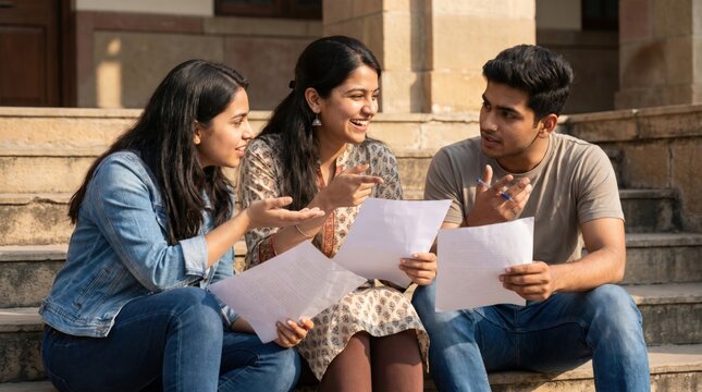 Academic Collaboration Concept: Vibrant Indian Students Discussing Exam Papers on Sunny Campus Steps