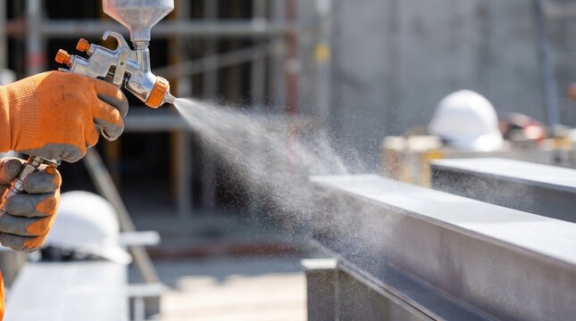 Gloved worker applies protective coating with a spray gun to structural steel beams on a construction site. Essential for industrial metalwork, building, and durability.