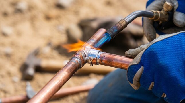 Close-up of a plumber soldering copper pipes with a torch, showing the hot flame and molten solder for plumbing repair or installation. Essential construction work.