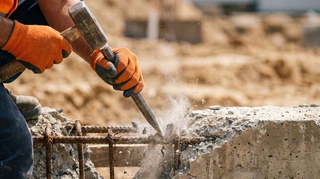 Close-up of a construction worker in orange gloves using a hammer and chisel to break concrete and expose rebar at a building site. 