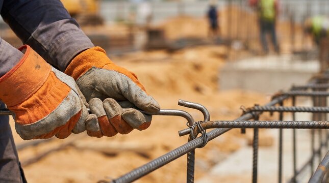 Close-up of a construction worker's gloved hands tying rebar with wire at a building site. Essential for concrete reinforcement and structural integrity.