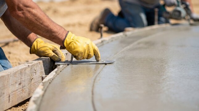 Close-up of a construction worker's hands in yellow gloves, expertly smoothing freshly poured wet concrete with a trowel on a sunny job site. Ideal for building and renovation themes.