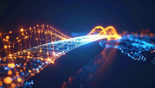 Glowing digital bridge with data particles
