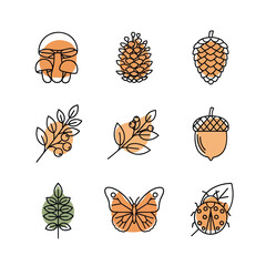 Autumn Nature Icons: Mushroom, Pinecone, Acorn, Leaf, Butterfly, Ladybug © Cicii