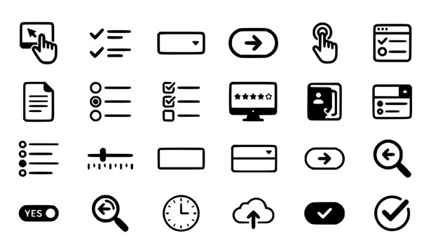User Interface and Web Forms Line Icon Set with Checkbox Dropdown Menu List Navigation and Button Symbols for App Development