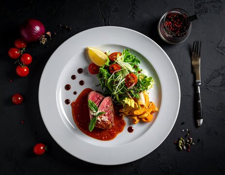 Juicy Sliced Steak Served with Fresh Salad on White Plate on Dark Table