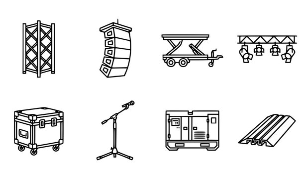 Stage Production and Event Concert Equipment Line Icon Set with Truss Lighting Speakers Flight Case Generator and Microphone Tech Symbols