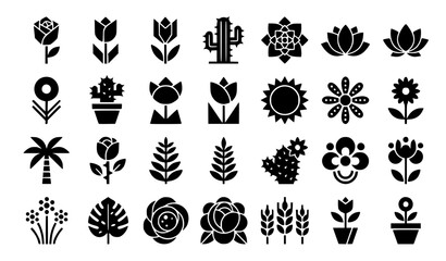 Fototapeta premium Minimalist Flower and Botanical Solid Glyph Icon Set with Rose Tulip Cactus Palm Tree and Monstera Leaf Symbols for Nature Branding and Gardening Web Designs