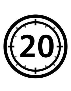 A black and white graphic of a clock face with the number 20
