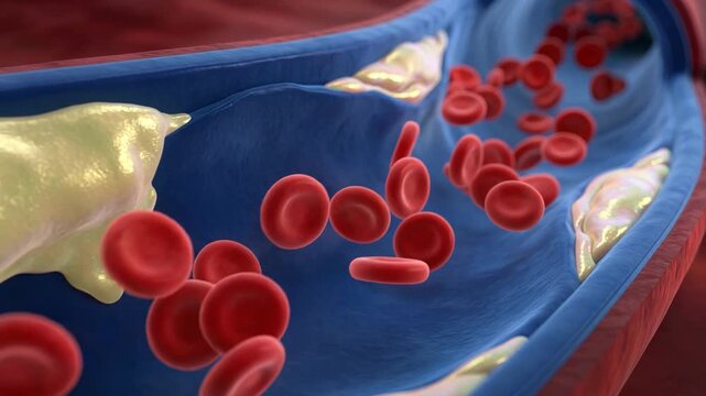 3D animation of red blood cells flowing through a vein with cholesterol plaque buildup on the artery wall, medical concept of atherosclerosis and heart disease.