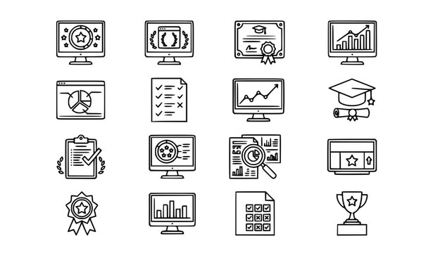 E-Learning Platform and Academic Ranking Line Icon Set with Graduation Cap Certificate Trophy and Performance Analytics Symbols for Online School Website Designs