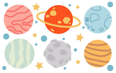 Colorful Cartoon Planets and Moon Set Isolated on White Background © kazanma73
