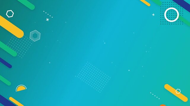 Vibrant and clean flat vector cyan teal digital layout loop. Featuring stylish diagonal pill capsules and decorative geometry icons like halftone lattices, hollow circles, concentric outline hexagons