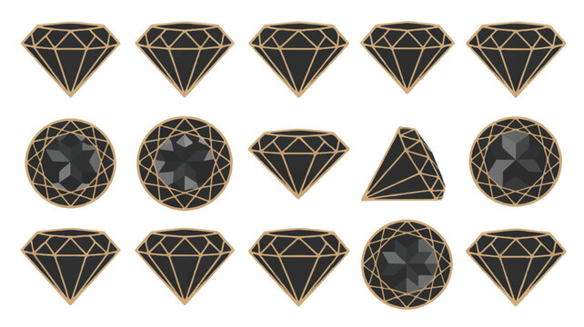 A collection of geometric shapes resembling diamonds and jewels with golden outlines arranged in rows on a white background