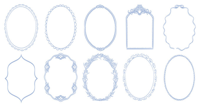 Whimsical baroque, renaissance romantic frames. Oval shape with vintage victorian doilies and floral elements decorated with whimsy lines and squiggles for wedding and birthday invitation cards.