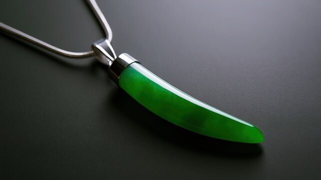 Long green jade pendant in silique form on dark background, soft realistic light, minimalist negative space, premium jewelry shot