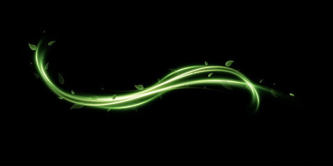 Romantic Green Neon Swirl with Sakura Flower Petals and Glittering Magic Particles for Holiday Greetings, Love Messages and Social Media Design on Black Background © kulinskaia